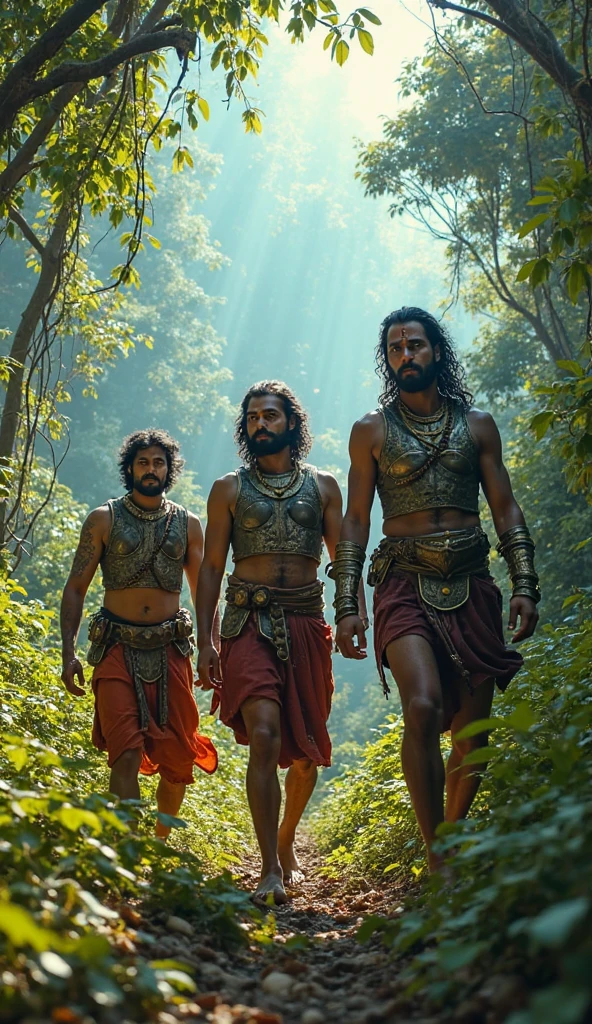 Create a hyper-realistic digital poster featuring three powerful warrior-like characters standing side by side against a dramatic backdrop. The central figure should have a strong, determined expression, wearing a traditional South Indian checkered shirt and a dark-colored veshti tied up at the knees, exuding a heroic aura. The character on the left should be an older warrior with a rugged appearance, a thick beard, and wearing traditional dhoti and shawl, holding a large battle-axe. The character on the right should have a fierce look, with long hair tied back, wearing traditional warrior attire with a sword in hand. The background should be a mountainous landscape at dawn, with a waterfall on one side and a war-torn battlefield on the other. The overall style should be epic and dramatic, with detailed textures and a cinematic color palette.