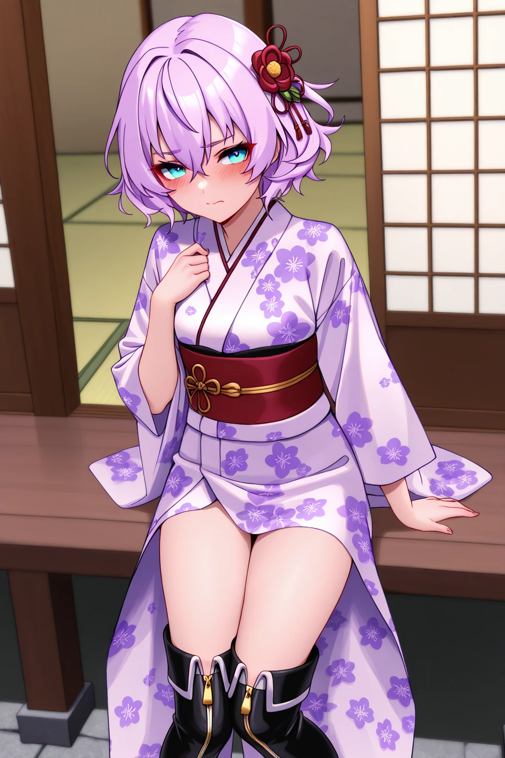 masterpiece, ultra detailed, 8K, full body shot,, a girl, kawaii, light atmosphere, (Cute a girl:1.5), (one girl with pale purple hair, wavy two braids, blunt bangs hair, green and black eyes :1.4), anime visual, (tilt head:1.3), extremely delicate face, realistic lighting and shading, (an extremely delicate and beautiful art:1.3),muted colors, blush, Wearing a white yukata Morning glory pattern, A tatami room, a girl making tea for a guest, a teapot, green tea,smiling, a Girl spreads her legs and opens her yukata to reveal her nipples and pussy, nsfw,