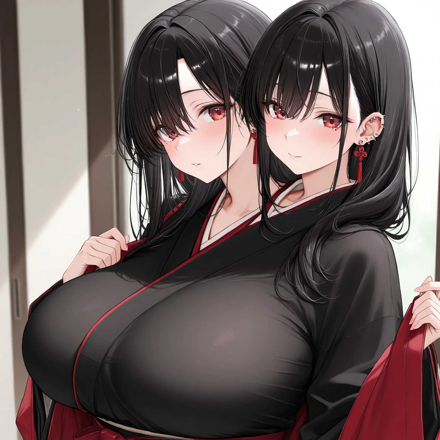 Rivertsukatsuki, River, black hair, (red eyes:1.5), hair ornament, hairclip, Halation, long hair,
、Extremely large breasts(4700)、 Huge 、Two people Off-the-shoulder gorgeous kimono、Floral print kimono