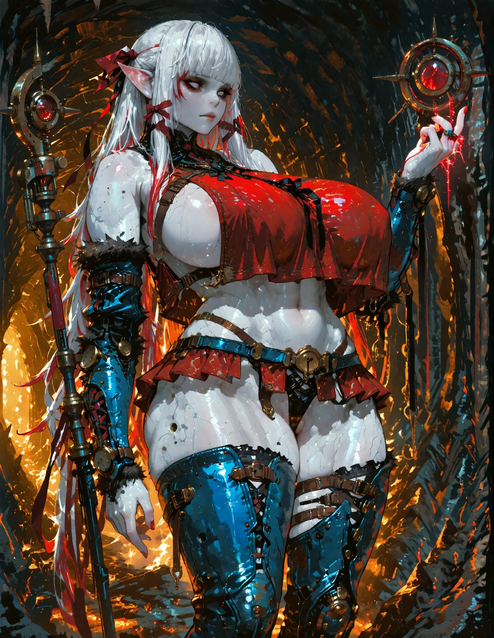 thigh boots, single thighhigh, revealing clothes, ribbon, Evelyndg,Changeling ,multicolored hair, pointy ears, white skin female, hair ribbon, ,thigh boots, single thighhigh, revealing clothes, ribbon,NeonPal_PDXL,CyberRealistic_Negative_PONY,thigh boots, single thighhigh, revealing clothes, ribbon , Changeling, dnd race, blue leather, solo, portret, white hair, long hair, Changeling, fluffy, huge breasts. grei eyes, wnite eyes, Changeling, white skin, shiny skin, standing, perfect white eyes, very huge breasts, navel, steampunk, bare shoulders, red crop top overhang,red overhanging shirt, red micro skirt,staff in hand, extreme detailing, cave , steampunk, hdr, 8k, masterpiese