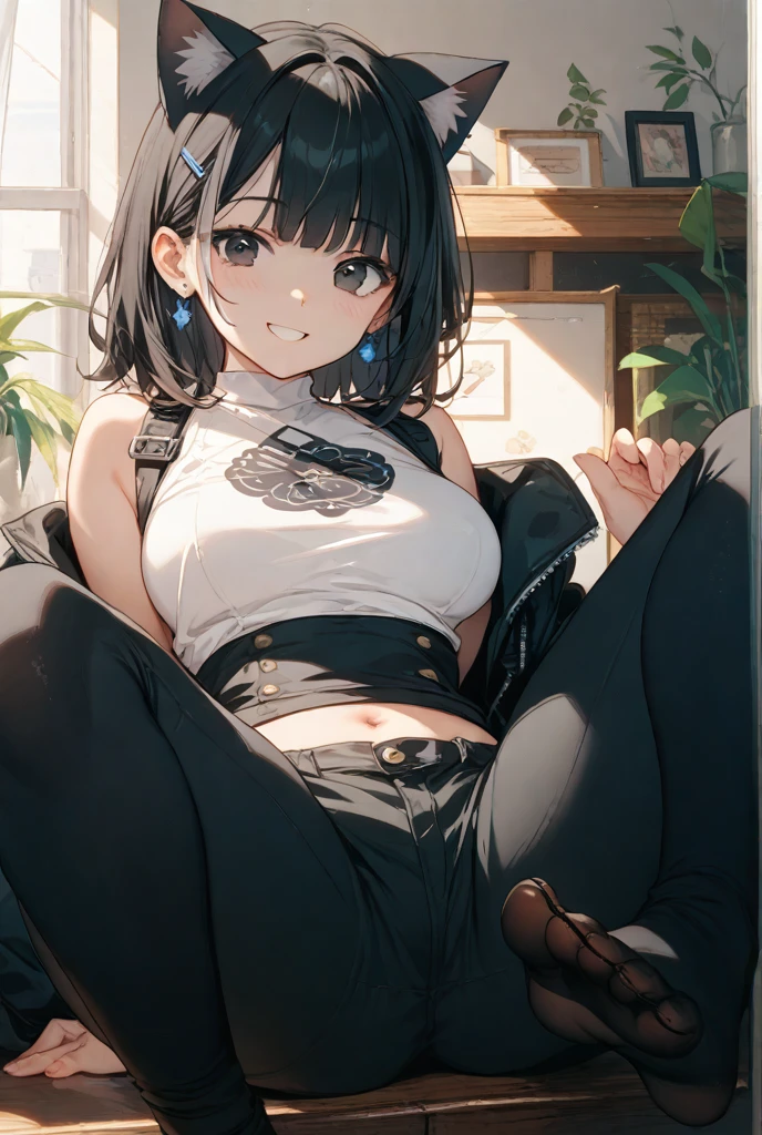 Short-haired girl Medium breasts Big ass Yellow eyes (they shine a little)
height 1,68 Bring a shirt, Clothes, torn pants (se le ve la Clothes interior)
Smiling Beautiful Cute Blushing Provocative Pose