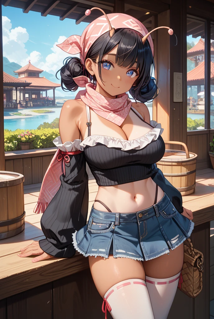 Masterpiece, high quality, 8k, ultra detail, ((kamisatoayakarnd)) standing, night,outdoors, (crop top), navel, (shorts), (off shoulders:1), choker, smile, armpit, (large breast), (nude arm)
