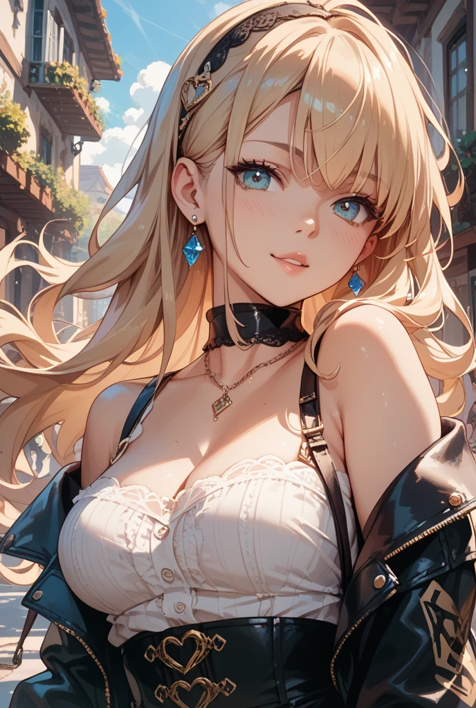 ((top quality, Very delicate, 8K, masterpiece)), ((tattoo)), (A detailed face, lively), One woman, dreadlocks, blonde hair, choker, earrings, spike, large breasts, pornographic underwear, (black Jacket with open buttons, skinny pants, boots), Curvy, leaning on wall, from above