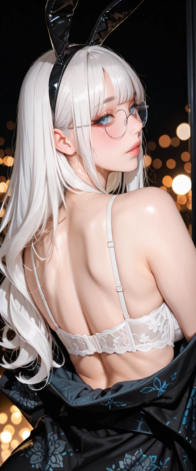 White tones,white colors,Sexy Girl ,from the rear,tiny body,Petite,whaite hair,White hair,White bed,transparent silk pajamas ,thick long hair,Empty space,Pure white space