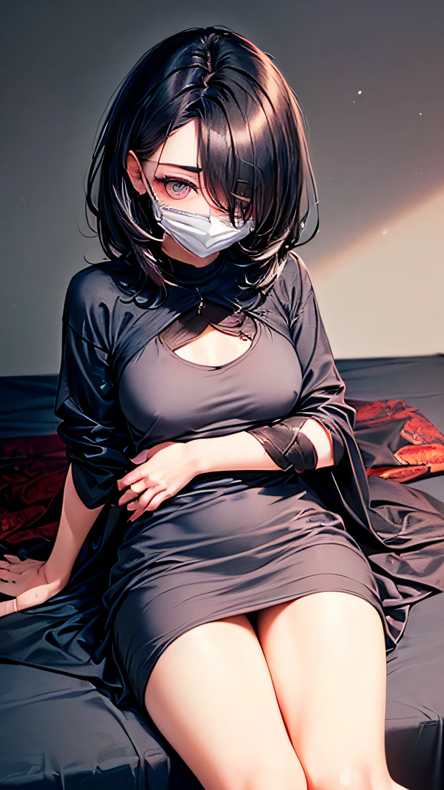 (((((middle age woman))))), masterpiece, ultra detailed, 8k portrait, RAW photo, portrait photography, highly detailed face, 1 woman, (squatting and spread legs:1.7), 33 years old, (((((tall))))), (((small eyes))), glasses, (white surgical mask:1.5), (((black very short cut hair))), (((hair over one eyes))), (((white skin color))), (no bra:1.5), (no panties:1.5), (Office lady suits), (((((put on a black cardigan))))), (((((knee length skirt))))), (black pantyhose:1.5), (((pumps))), Midday Sun, hyper realistic, Body model, (Small breasts:1.5), Beautiful breasts, (big butt), Long legs, in the office room, Ambient lighting, Shadow details, Camera focus on face, strong breeze, Light fog