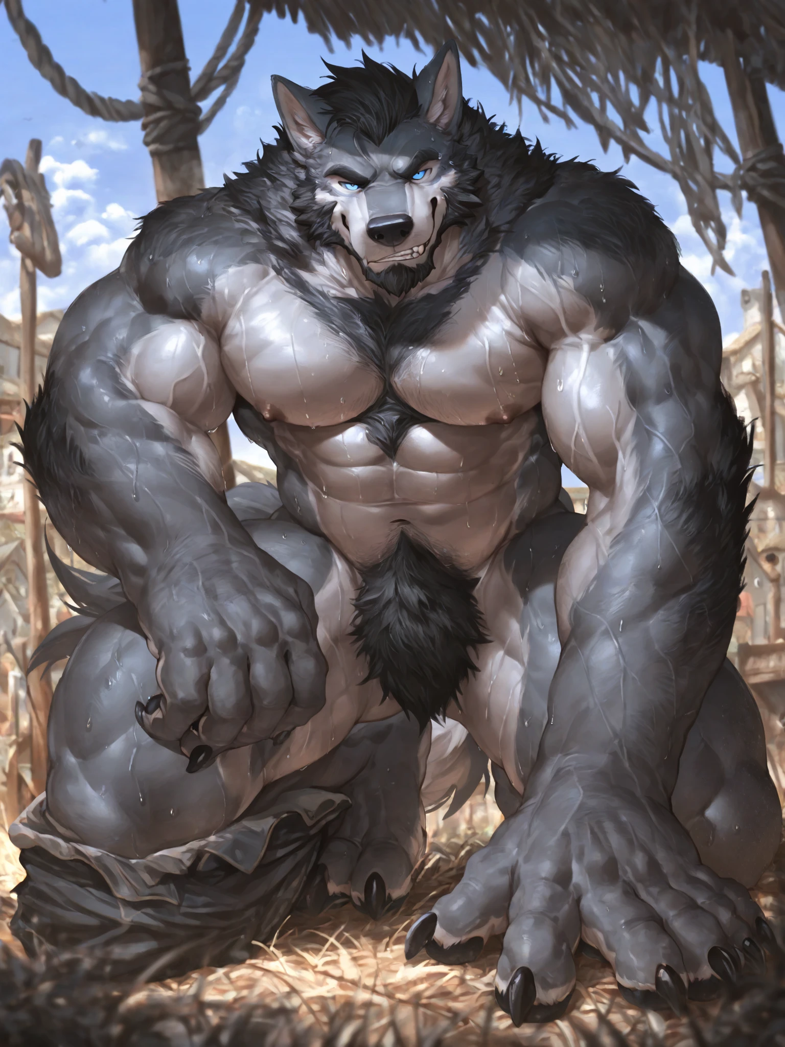 (by oouna, by honovy),by ross tran,by michael & inessa garmash,by pino daeni,
(masterpiece,high quality,8k),
solo,scar on eyebrow,anthro,(((blaidd (elden ring)))),(male wolf,grey wolf,grey fur),full body,(scar on chest:1.3),cross scar on head,(purple eyes:1.1),tail,full body,
(((paw pose))),squatting,
((open mouth, tongue out, drooling, )),
nipples,
cloak,loincloth,(bulge:0.8),
(((leashed collar))),(leashed collar:1.2),((((viewer on leash)))),
blue sky,sky,outdoors,day,cloud,street,building,
looking at viewer,from side,<lora:BlaiddFRL27nO:0.6>,blaidd (elden ring),