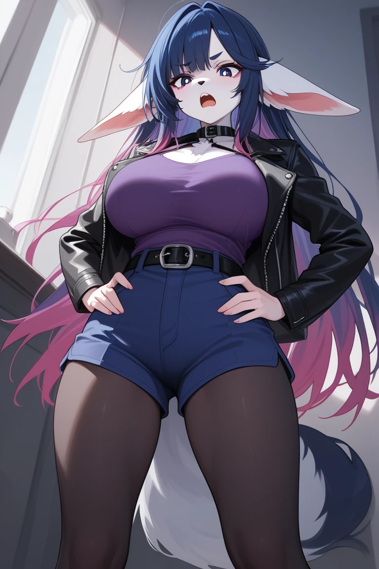 one woman, wolf girl, wolf ears, wolf tail, violet hair, strong, firm body, thick thighs, big breasts, muscular arms, casual clothes, sfw, sexy, full body, masterpiece, highly detailed, tall woman,
