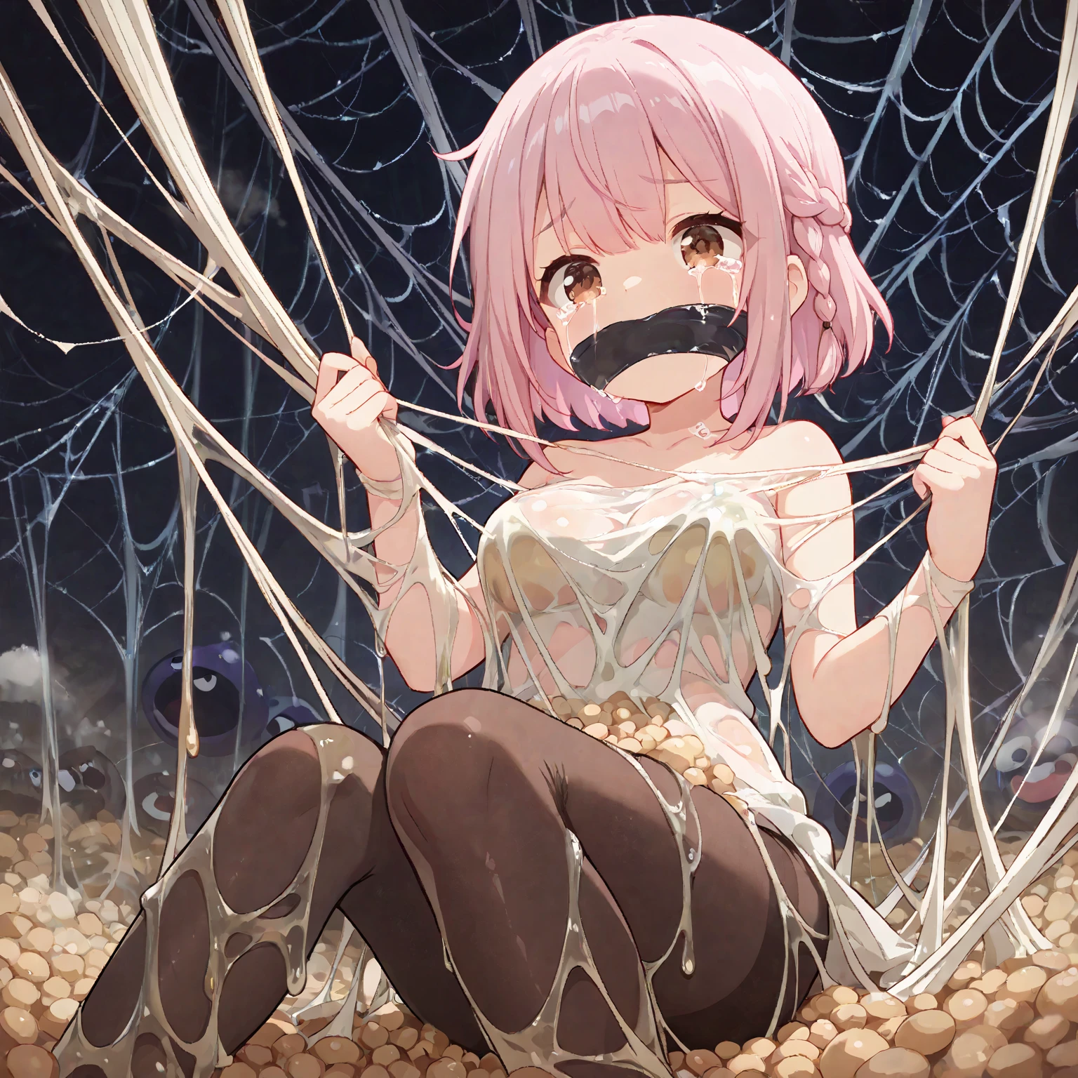 ((Highest quality)), ((masterpiece)), (detailed), Perfect Face, Perfect Arms, anime, Ultra-fine Illustration, ((One cute girl)), Bobcut, Pink Hair, Pink Eyes, (rope, Mummification), (Lying on your back), (Sad Eyes), (Trembling), (Frightened expression:1.2), Jail, Cobblestones, indoor, Cowboy Shot, Shot from directly above,