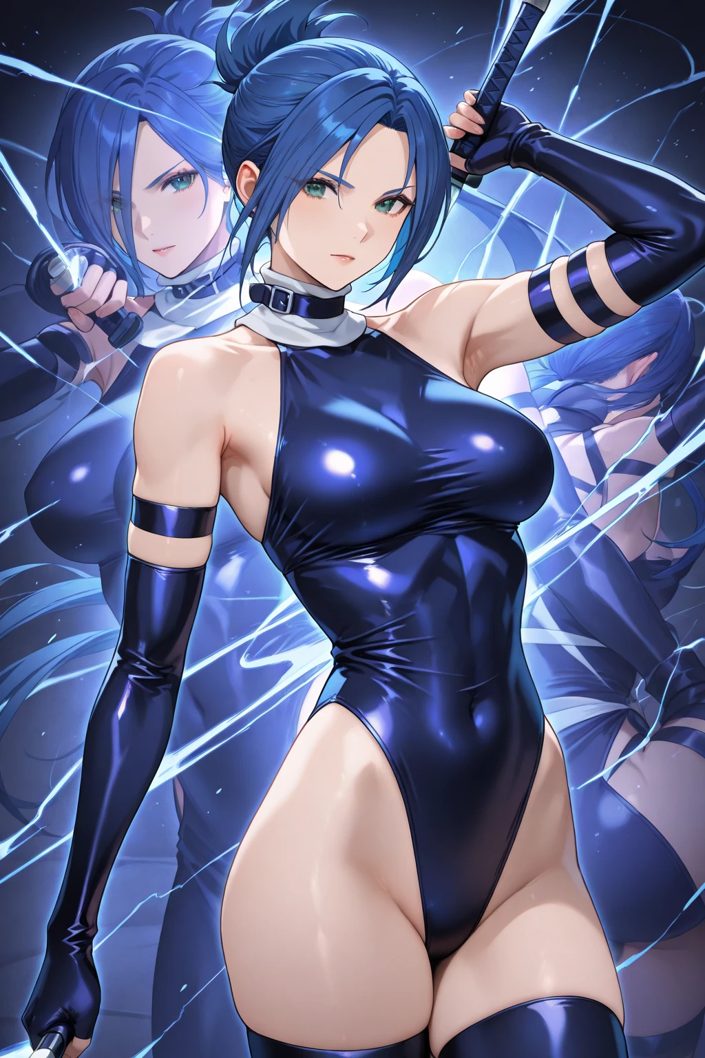 woman,25 years old,,city,night,(((white and blue tight miniskirt bodysuit))),,open mouth smile(())Glasses,((Beautiful long ponytail)),(()),blush、surprised face,(((Tentacles wrap around the body))),(())(((raped by tentacles)))