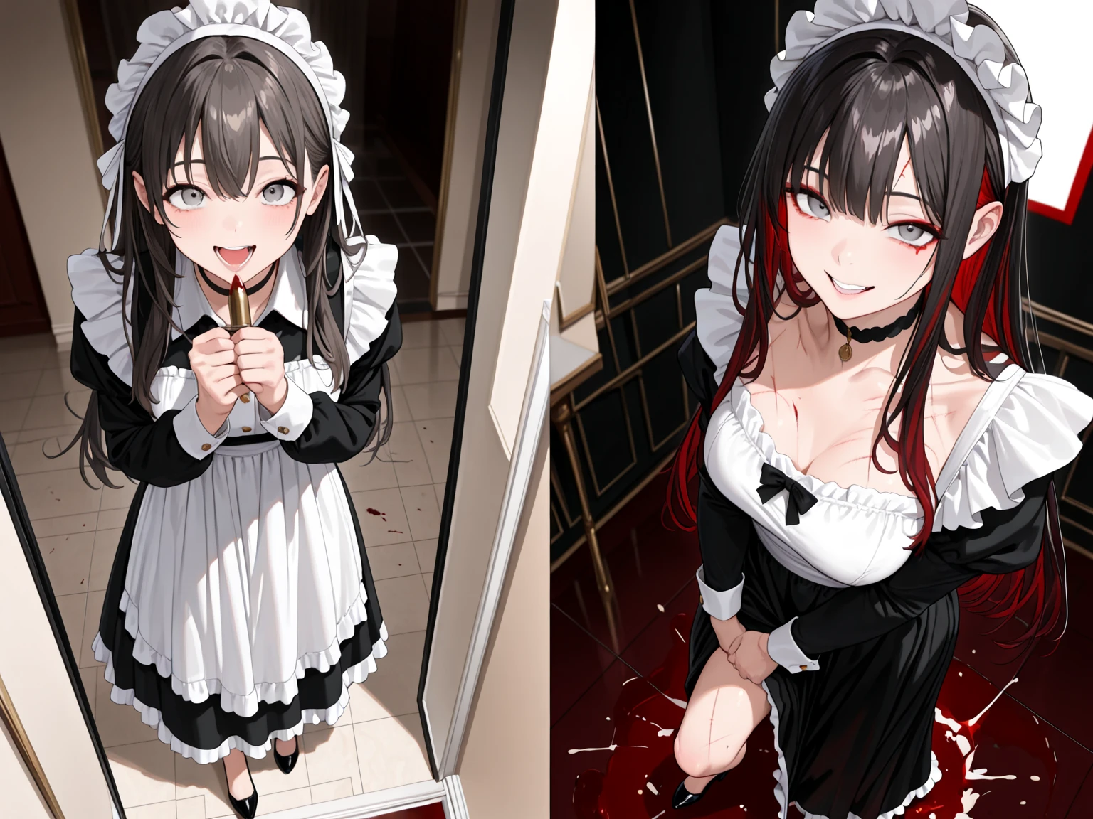 (masterpiece), best quality, high resolution, extremely detailed, toilet background, cinematic lighting, outdoor, 1girl, black hair, long hair, crossed bangs, red eyes, medium breasts, black shirt, black dress, drastic hair ornaments,goth, long skirt, frills, lace rims, frilled sleeves, frilled skirt, thighhigh, ankle boots, yandere, yandere face, shaded face, crazy eyes, glowing eyes, crazy smile, blood, blood on face, blood on clothes, hands on own cheeks,
