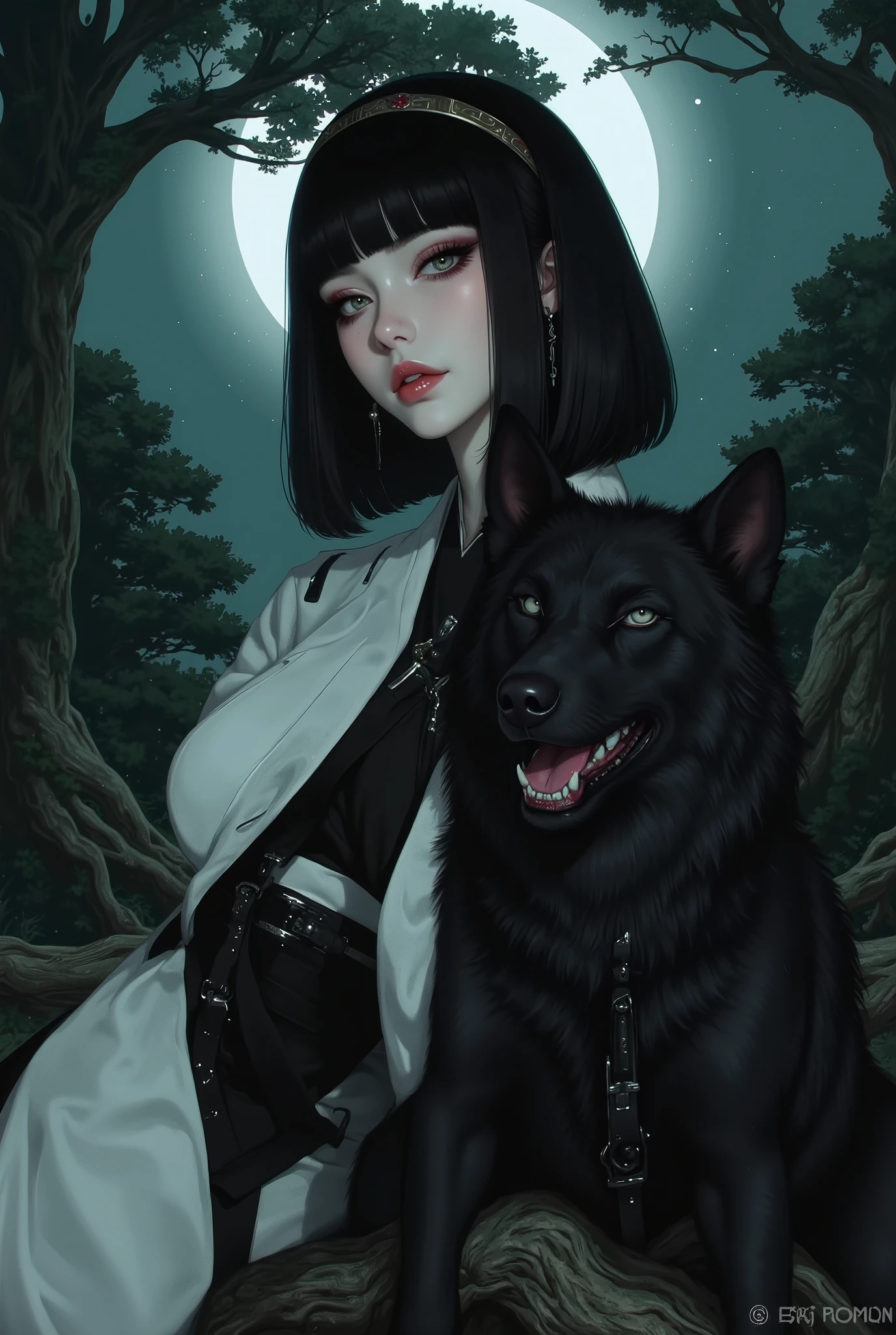 Oriental beauty with straight bangs, black hair, short bob, and a black wolf、The background is a beautiful night forest