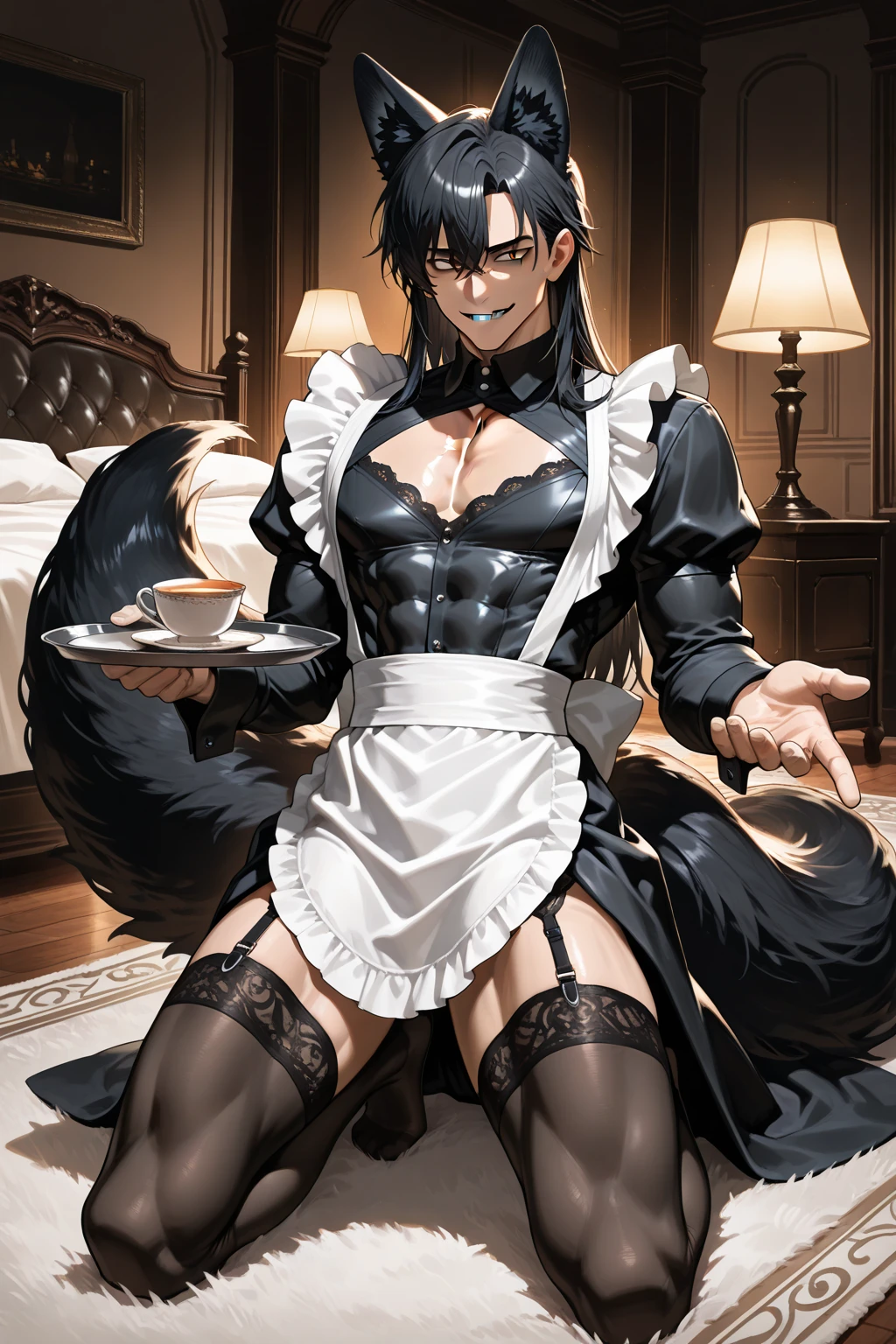 A man with a muscular build, handsome, and has a black hair and green eyes. He is on his knees staring at you fearfully. He is tied up all over his body seductively, and is wearing a maid uniform. He has a collar on his neck. he is in mid 20's. He is like a servant.