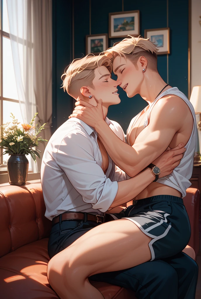 "Two fit and attractive men, one blonde one dark, males sharing an intimate kiss: one dressed in a sophisticated business suit, his toned physique visible through a semi-transparent shirt; the other adorned with only a tight white jockstrap, showcasing his muscular build, dynamic pose, full-body-image, in a sophisticated hotel room setting."