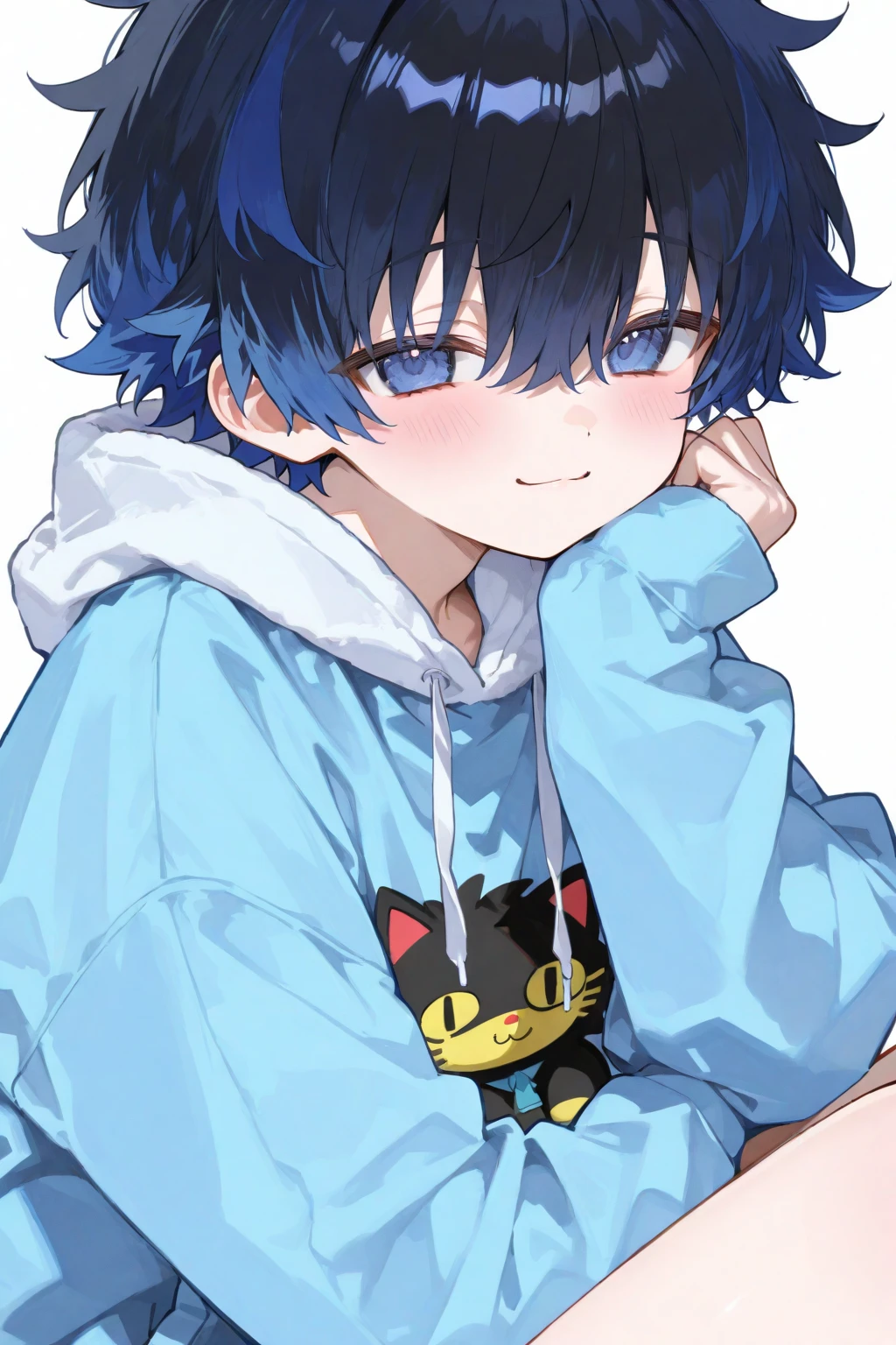oe boy, cat hoodie, cute, cool, lovely, naive, short pants, look at me, handsome, shota, light blue eyes, cowboy shota, blush, shy, embarrassed, stare at me, androgynous, wariza