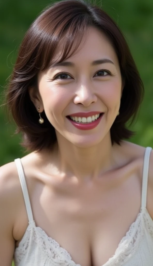 最high quality, In 8K, Overall image, Genuine, Sharp focus, high quality, High resolution, Detailed face, fine grain, Thick lips, Background Blur, alone, Middle-aged women, , 65 years old, , Wavy Hair, Cleavage, Wearing a plain short-sleeved knit, Standing in the park, Wrinkles around the eyes, Smiling with teeth showing