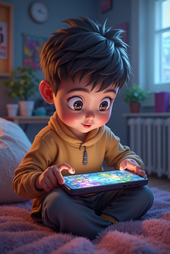 Hybrid cross of oval face and round face boy playing video