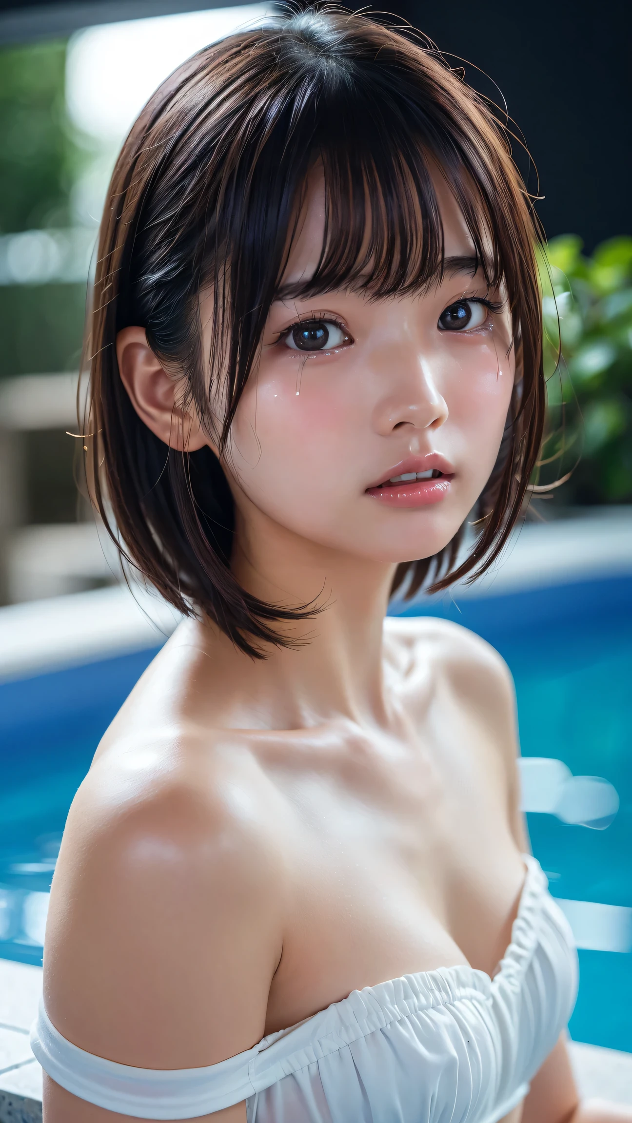 (((Misako Renbutsu)))Beautiful Young Female with Short hair in Lake, extremely delicate and beautiful,Outstanding light and shadow,Clear and bright sunlight, Professional portrait (Face Closeup from below), Semi-nude photography, close up portrait of bathing in a lake, Oodles(Floating Petals), ((backlighting)) Sparkling water surface with Reflection and Refraction, ((Soaked body in water)), (beltbra) Visible Upper breasts, {lens flare|Shade|bloom|[chromatic aberration]}, TopQuality Masterpiece of 8K Ultra-detailed DigitalPainting (by Jeremy Lipking)  