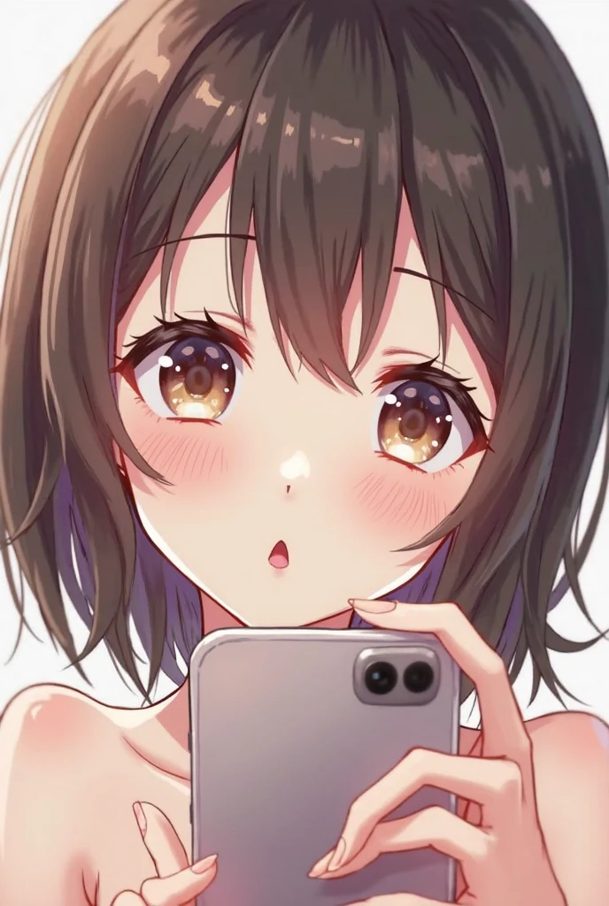 masterpiece, best quality, 1girl, solo, long_hair, looking_at_viewer, smile, simple_background, brown_hair, bow, ribbon, bare_shoulders, upper_body, hairband, flat_chest, phone, cellphone, polka_dot, smartphone, strap_slip, areola_slip, camisole, <lora:kam-000020:1>