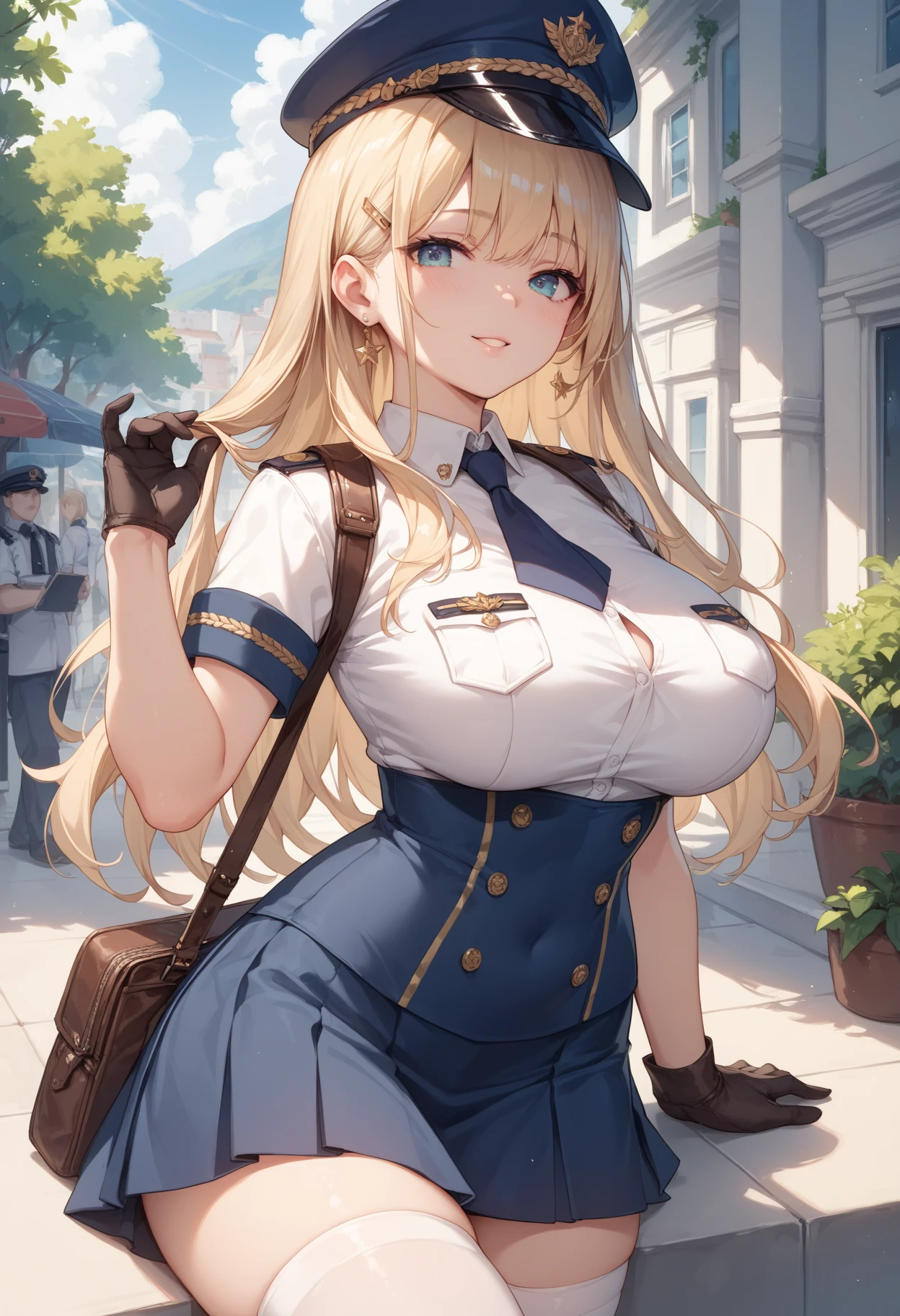 (masterpiece, best quality:1.2),illustration,8k,hd,absurdres,1girl,solo,cowboy shot,sussex (azur lane),bangs,black footwear,black pantyhose,blonde hair,blue eyes,blue jacket,blush,brown belt,buttons,cropped jacket,eyebrows visible through hair,hair ribbon,large breasts,long hair,facing viewer,long sleeves,mole under eye,one side up,open jacket,red ribbon,short dress,white dress,straight hair,loafers,