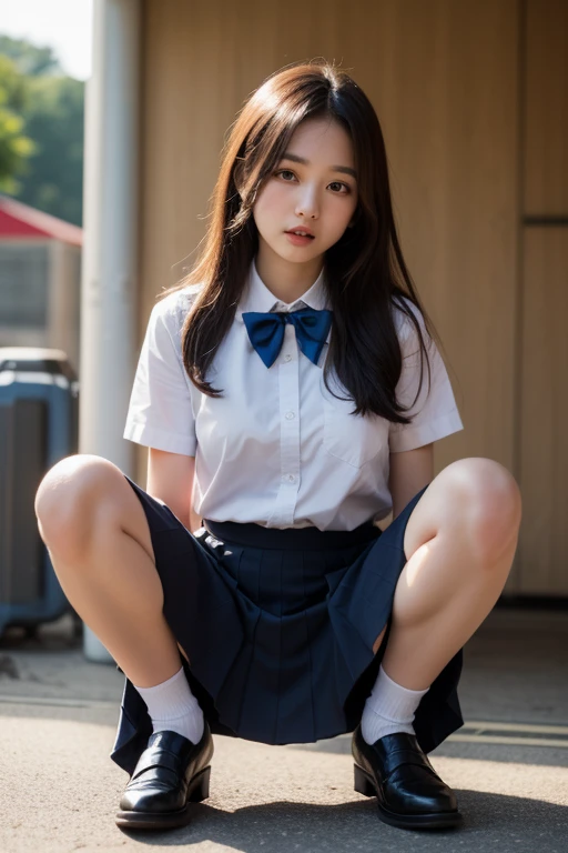 best quality, masterpiece, ultra high res, (photorealistic:1.4), RAW photo, underwear, photo of a woman 10 years old, loshi, cute, panties, ((panty show)), lace panties, sitting, panty shot, spread legs, skirt, school uniform, white panties, socks, black hair, shirt, Blurry, Blurry background, Knee height, White shirt, Loafers, Realistic, Long hair, Lips, Brown eyes, Black socks, Bow tie, Pleated skirt, Bow, Headrest, Sideways, Outdoors, Brown footwear, Masterpiece, Best quality, Ultra detail