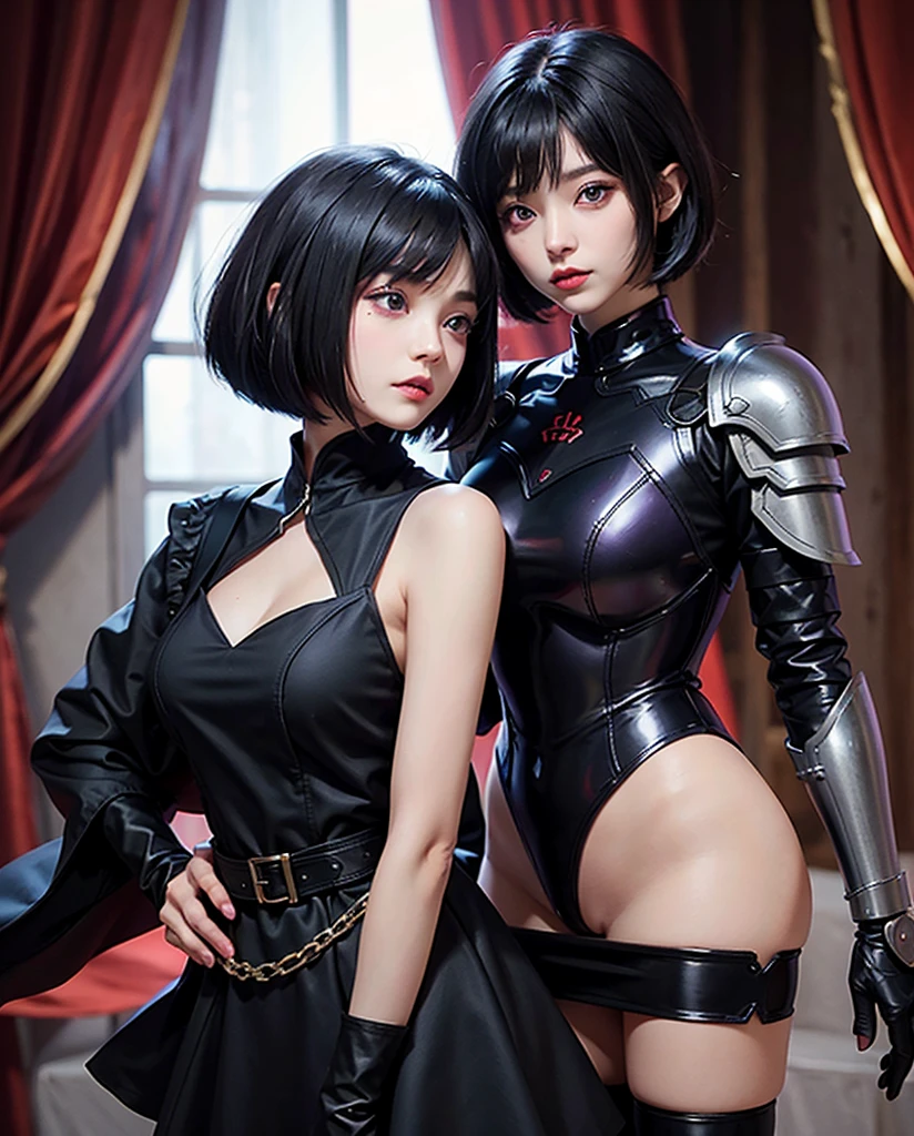 NSFW,((Biologically correct limb count)),(( From head to toe,Full-body photo including face)),4K,masterpiece,((Focus on the face)),((Symmetrical facial features)),Eyes with detailed description,Beautiful woman,Great style,Beautiful arms,Beautiful legs,Beautiful Hands,(Small Ass,Thin thighs),Detailed depiction of the face,Small earrings,necklace,(Navy leather clothes,skirt((High heels,Thigh-high boots))),Fantastic photos,Short Hair,Stand at an angle,Meeting,Alluring,beret,(indoor、bed、Tokyo;1.2),2girls,topless