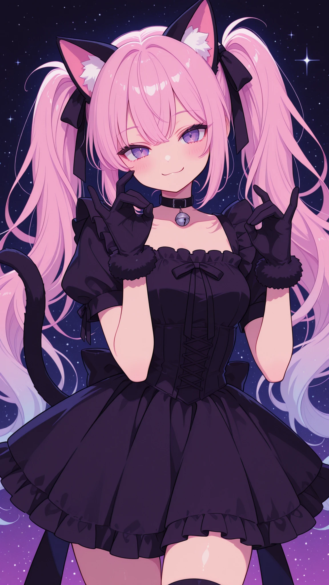 ultimate image quality, perfect depiction, Cat ears girl, Choker with Ribbon, Cute gloves, Smiling Face, Playful Poses, twin tails, Catsy Gesture