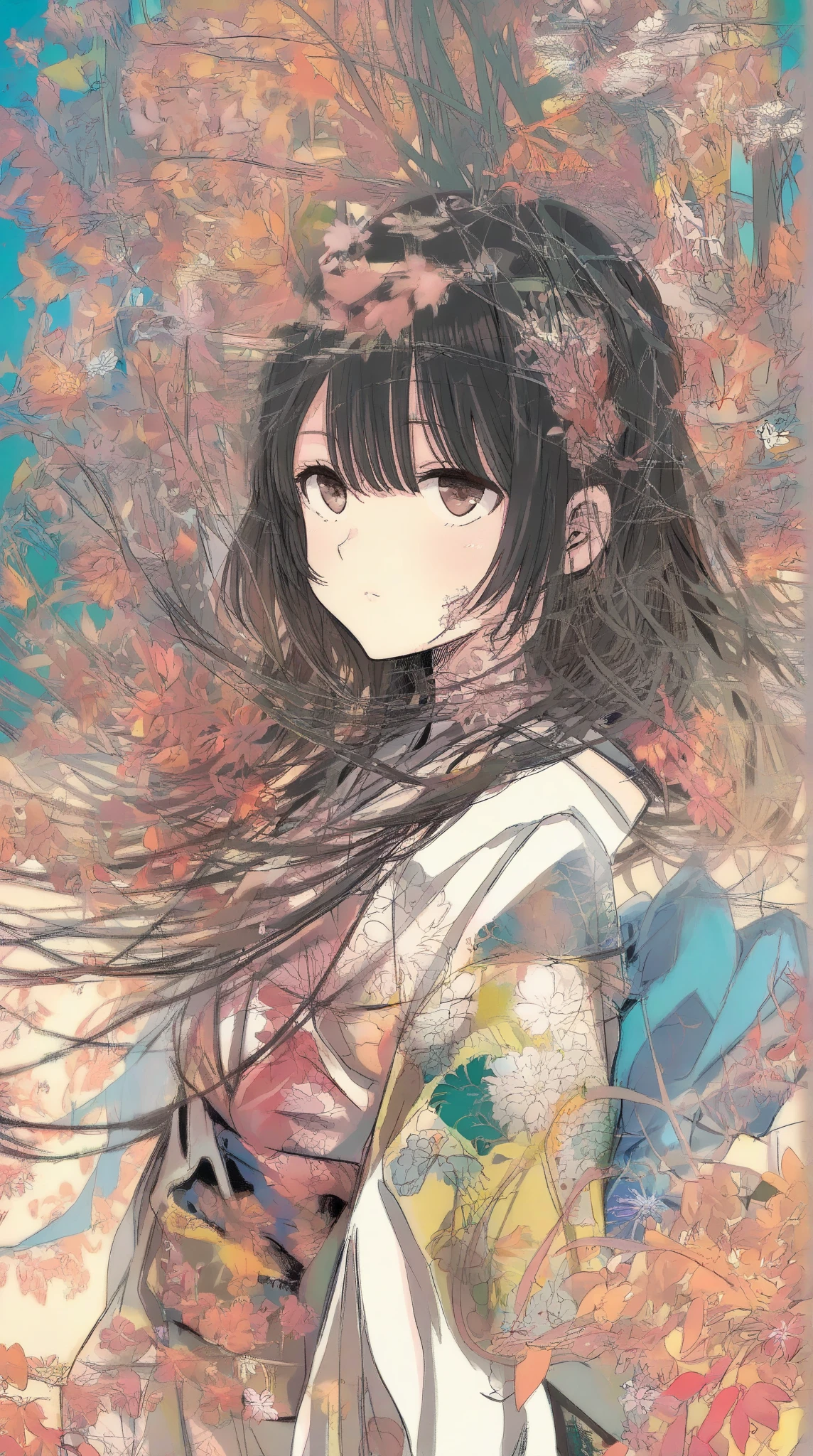 The Style of Kawanabe Kyosai、Japanese painting style、Shibuya Scramble Crossing、high school girl、Looking into the camera、Black Hair、Long Hair、Beautiful girl