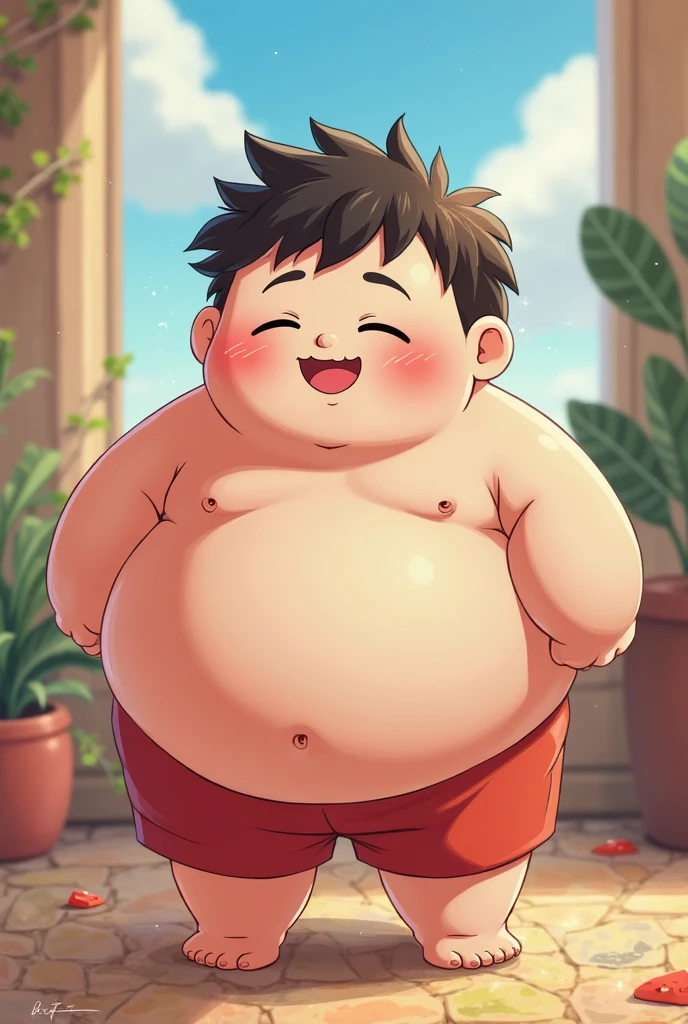 1 chibi thicc boy, happy , sunny, full body shot, fitnes, 