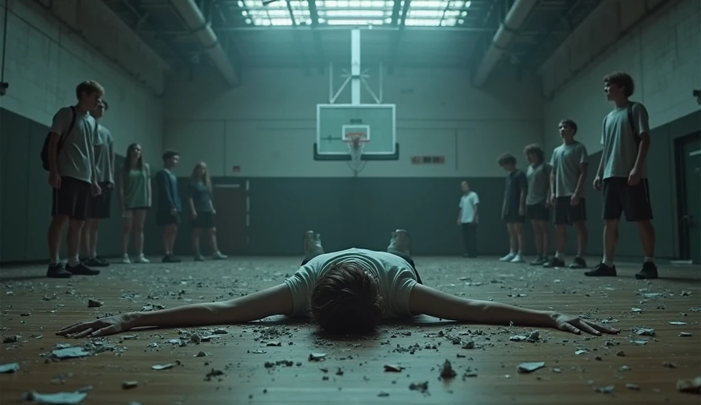Create a book cover with a gymnasium and some male students in the background and focus on a male lying on the floor with lots of blood., leave space for the title of the book. And the author's name "On Oktra"