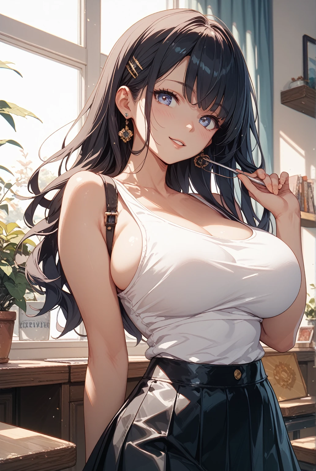Brunette anime girl with green eyes with fat boobs and a big erect