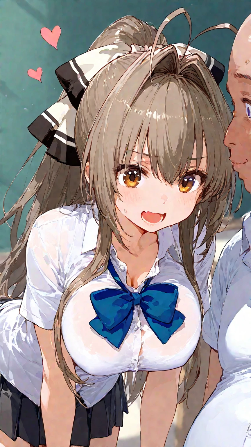 ((spitroast, 1girl, 2boys, group sex, penis, oral)),(anime style)、((masterpiece、side lighting、細かく詳細なbeautiful目: 1.2))、Super detailed、ultra high resolution、professional lighting、high quality makeup、beautiful詳細な目、sexy、beautiful、Big eyes、Amagi Brilliant Park, sento isuzu, brown eyes, brown hair, long hair, ponytail, hair between eyes, hair intake, side lock, antenna hair, hair ribbon, white ribbon、smile、(Look at the viewer、blush、Sukusui、eye light、