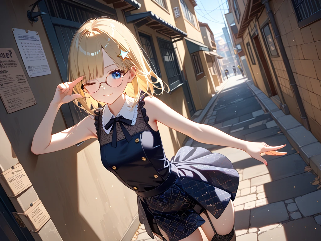 アイスWallenstein, Wallenstein, blonde, Hair between the eyes, hair band, Long Hair, (Yellow Eyes:1.5),Black-rimmed glasses,happy smile, smile, shut up.,smile,blush,Black Sailor Suit,Black pleats,Short sleeve,Black socks,Brown Loafers,morning,morning陽,The sun is rising,whole bodyがイラストに入るように,Walking　　　　　　　 break looking at viewer, whole body,crowd, people々々　　　　　　　　　　break outdoors,In town,Building district,　　　　　　　　　　break (masterpiece:1.2), highest quality, High resolution, unity 8k wallpaper, (shape:0.8), (Beautiful and beautiful eyes:1.6), Highly detailed face, Perfect lighting, Highly detailed CG, (Perfect hands, Perfect Anatomy),