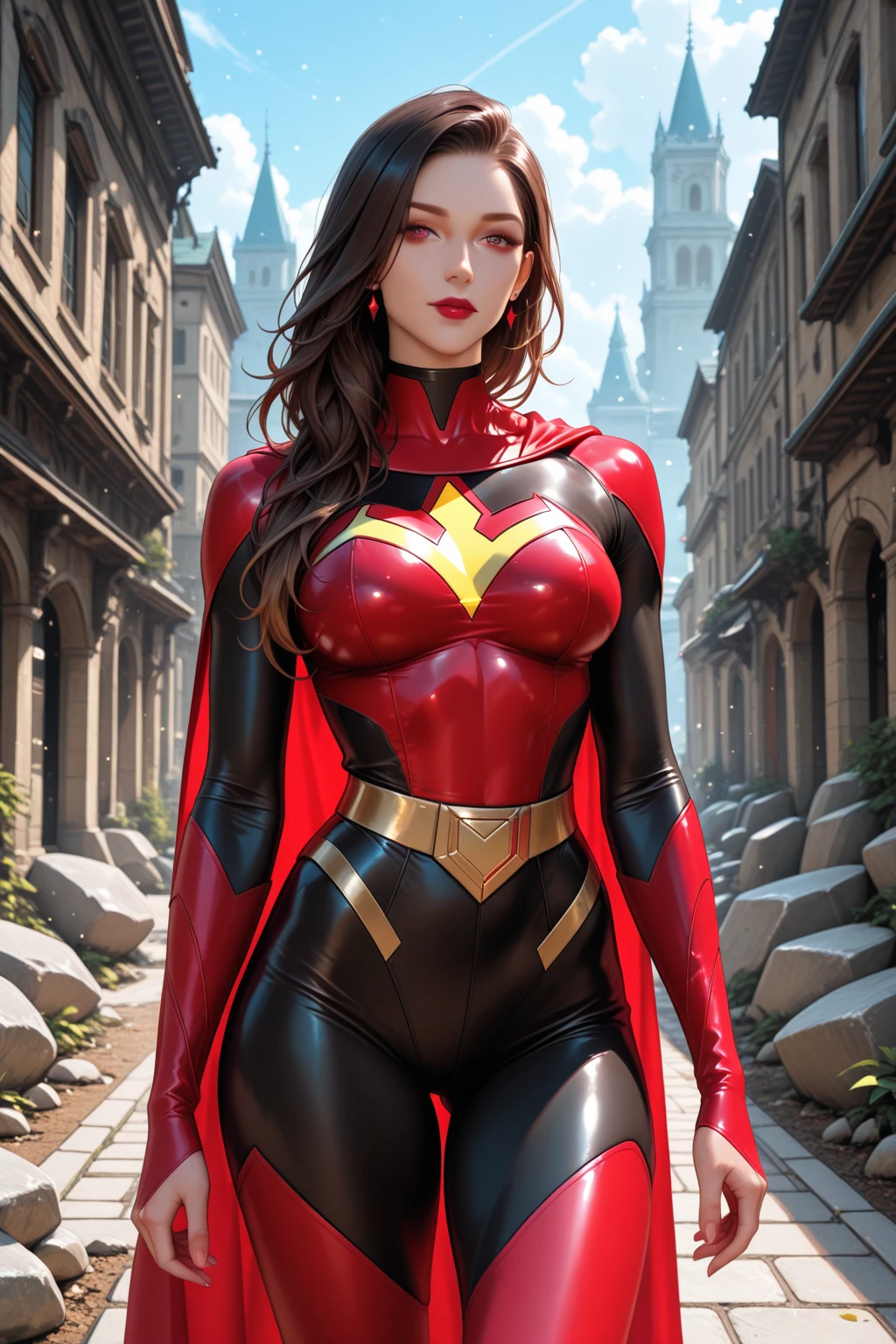 (best quality,8k:1.2,high resolution:1.2),ultra-detalhado,Realistic,SUPER HERO female,21 YEARS OLD,long BLACK hair,rosto extremamente detalhados,long eyelashes,all sheer RED LATEX leotard Apertado WITH A LARGE EMBLEM IN THE SHAPE OF THE LETTER "A", RED FLYING CAPE,TRANSPARENT LIGHT beige SHINY pantyhose,GOLD metalic BRACELETS,Physically-based rendering,sharp focus,studio lighting