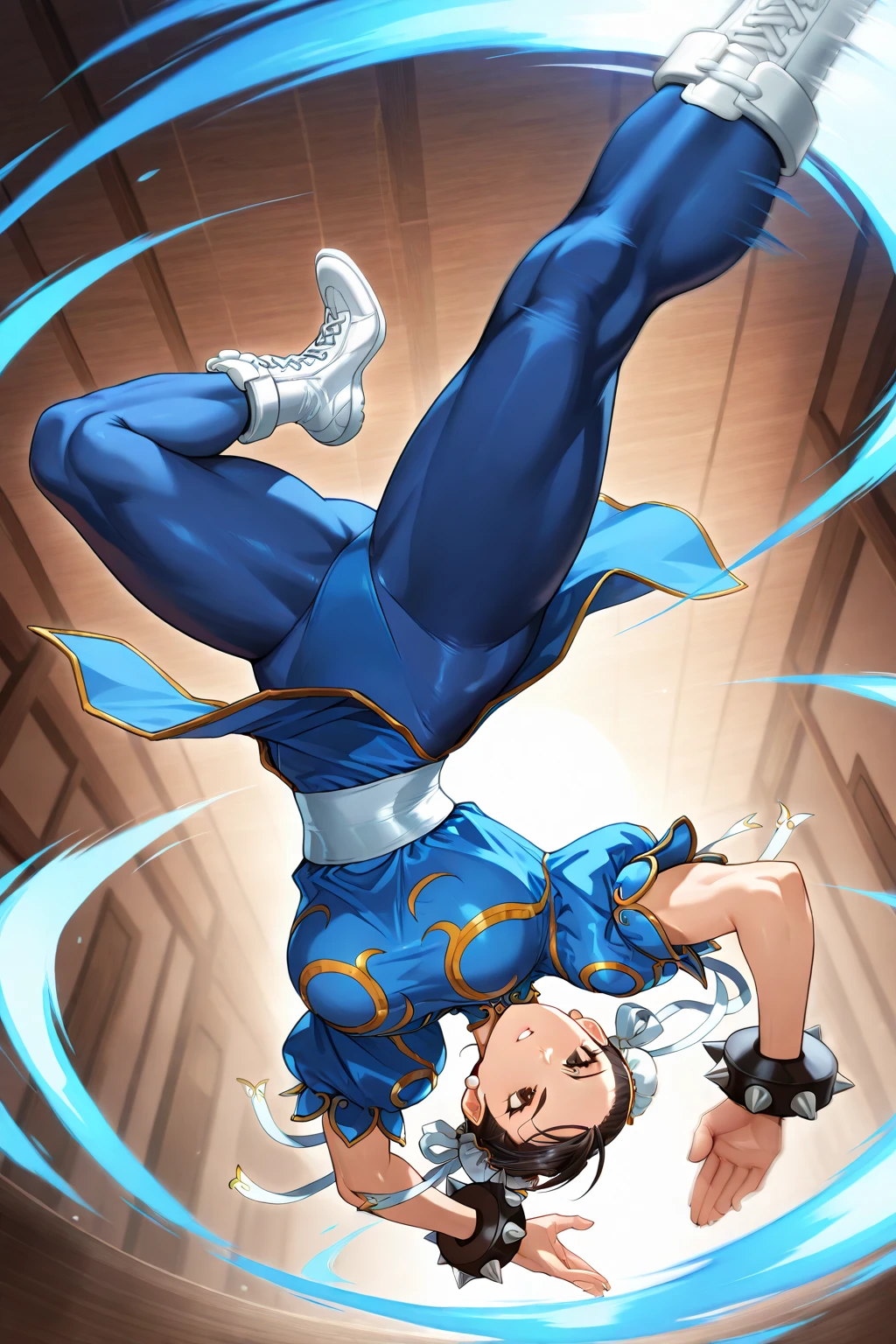 1 girl, black hair ,green skin,muscular female, alternate muscle size,,chun li, biceps,muscular shoulder,muscular thighs, high kick,