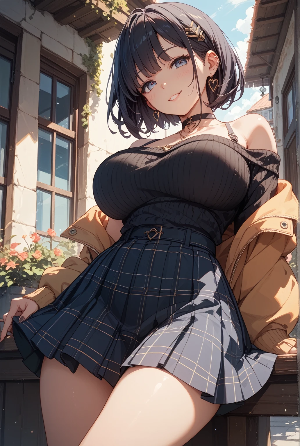 Beautiful shy Japanese girl, Age 20 years old, short hair blown out, Brown eyes, Glossy Lips, Dark eyeliner, Ecstatic expression, Shiny hair and shiny body, She is wearing a strapless plaid dress without a belt., mini skirt, Shiny thighs, in a dark cathedral, Light shines in, Photo with blurred background, Leaning forward