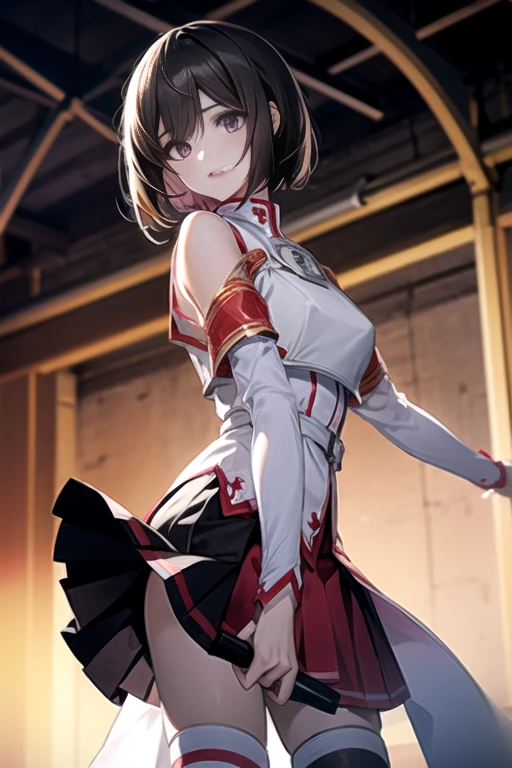 2d, masterpiece, best quality, anime, highly detailed, full body, 1girl, solo, marine_idol, hololive idol uniform, white bow, white gloves, red ribbon, red bowtie, layered skirt, navel cutout, mismatched legwear, red thighhighs, black thighhighs, heterochromia, red eyes, yellow eyes, BREAK stage, red lights, dynamic pose, smile