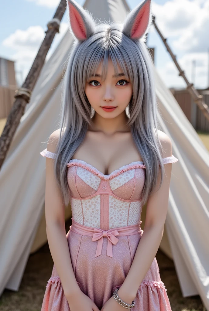 Photo of [black cat], ((1 solo girl)), (((full body photo))), ((realistic soft lighting)), ((realistic)), (beautiful face:1.1), long straight platinum blonde hair with bangs, detailed eyes, lush lips, 22 years old, sexy outfit, (sexy attractive figure), (big breasts), (neckline), (tight abs), (thick hips) 4K, HDR, DSLR photoshoot, professional photography, detailed texture, pink lipstick, pink nails,  light green eyes, freckle on face, Japanese girl, lolita, pink lolita outfit, on high hill with beautiful trees and flowers --auto --s2