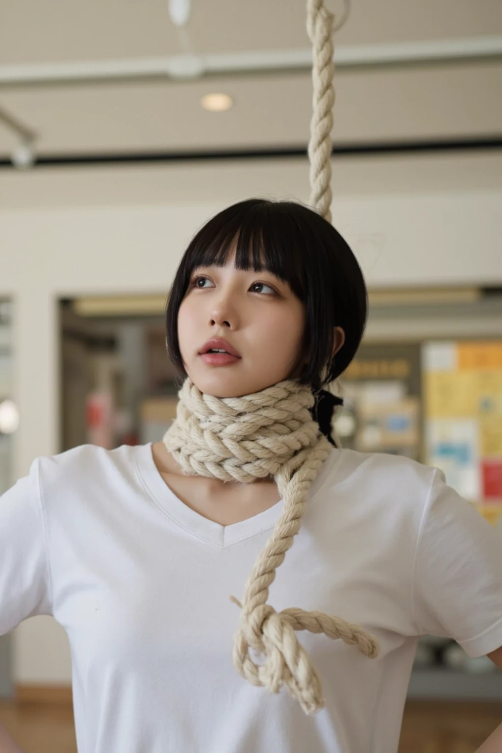 (masterpiece)), ((Highest quality)), (Very detailed), Browsing Caution, ((Inorganic studio)),(((A rope tied tightly around the waist))),Cute Japanese Women, One woman, alone,((thinウエスト)),Flat chest, slim, thin, BDSM,Beautiful straight black hair, Beautiful dark brown eyes, (Beautiful Eyes), Long Hair,Crying face、Professional Lighting、Bright lighting