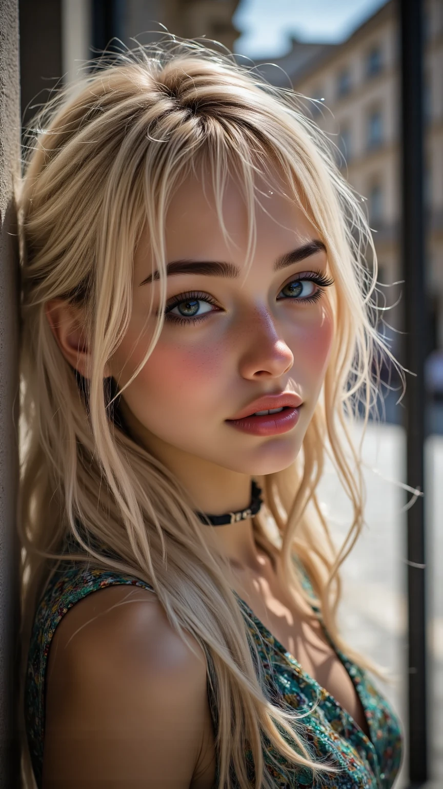 photography of 2 stunning girl, in the city, enjoying, girl, summer, hot girl, (((small bust))), blond hair, long_hair, looks into the camera, symmetrical face, photorealistic, photography, spectacular lighting,, gorgeous, cleavage, western, (masterpice), best quality, high resolution, extremely detailed, skin with pores, blurred background, depth of field, cinematic lighting, EUROPE, cinematic lighting,Blue ponytail