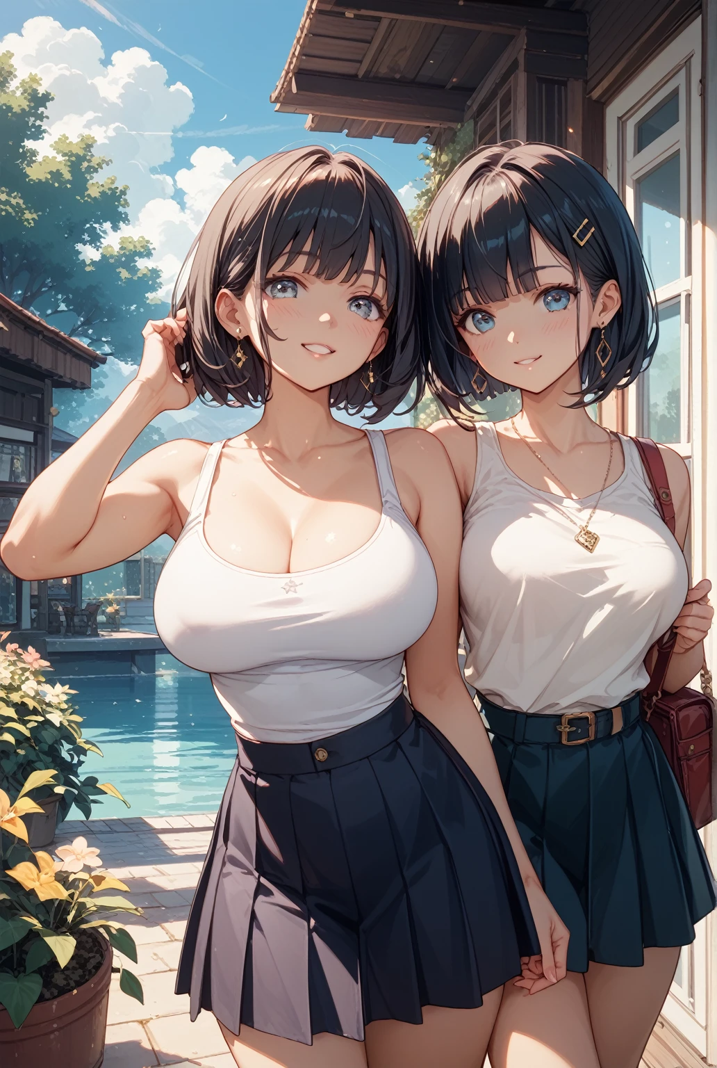 (High quality, High resolution, Fine details), Park in midsummer, Wearing a tank top and skirt, Two women, 2 curvy adult women, sparkling eyes, (Detailed eyes:1.2), smile, blush, Sweat, Oily skin, Soft tones, shallow depth of field