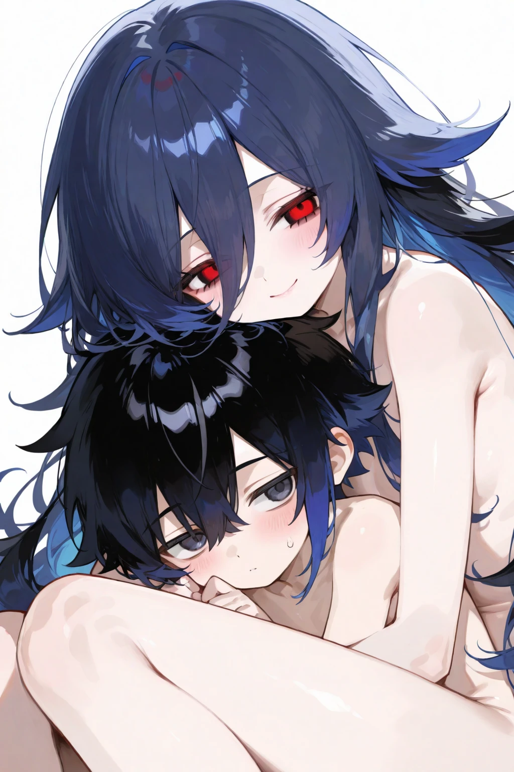 masterpiece, best quality,  full body shot, dynamic angle, bl, (1st boy,Idia Shroud, bishounen, boy, male, yana Toboso style, extremely long hair, blue hair, blue fire hair, wavy hair, yellow eyes, tired expression, blue lips, handsome, skinny,  geeky, blue glow, shark teeth, anime style,)  (2nd boy, malleus draconia \(twisted wonderland\) horns, bishounen, boy, male, yana Toboso style, long hair, black hair, yellow green eyes, smile, gray lips, handsome, skinny, tall, yellow green glow, anime style), 2boy, bangs,  (looking down at another:1.5),  (look at each other:1.5),   (Note: The human body should be accurately depicted biologically and anatomically.) Two men are hugging each,  having sex,couple, ace to face,nsfw),blush, open mouth,2boy, anal sex,  spread legs, from below break boy, black hair, `long hair, large breasts, completely nude, heavy breathing, sweat, embarrassed, blush, open mouth, lipstick, wet,(tears:0.9), saliva, saliva trail, break boy, completely nude, smile, blush, bedroom, double bed, large white pillow, white sheets