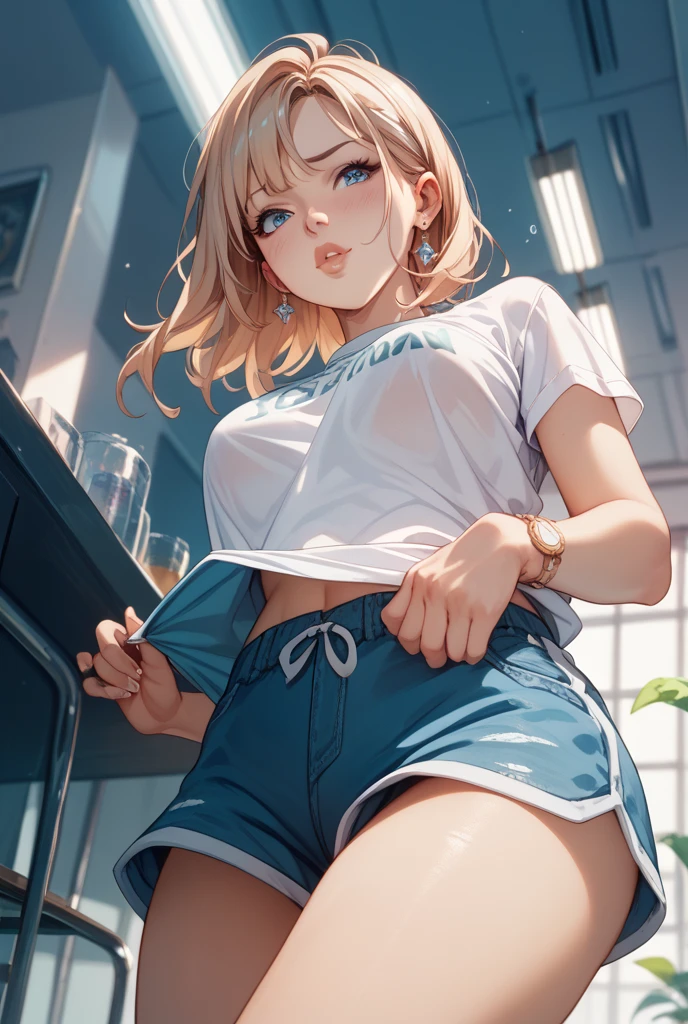 (masterpiece, best quality:1.37), highres, ultra-detailed, ultra-sharp, BREAK, (From Below:1.2), 1girl, (((girl on top,:1.3))) (leaning forward:1.3),
BREAK
(((1girl:1.37, solo))), (beautiful anime face, cute face, detailed face), (blonde hair, thin hair, short hair, bangs, hime-cut), detailed beautiful cyan eyes,
BREAK
short sleeve, (pink shirt dress), (esthetician uniforms:1.3), (cleavage cutout), (open shirt), (oil skin), (shiny skin),
BREAK
(Private esthetic room, in beauty salon, on bed:1.1),
(Many bottles of aroma oil:1.0),
(many brown towels:1.2),
BREAK
dark room, indirect lighting, (night:1.3),