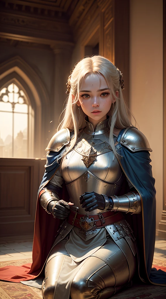 Portrait of a girl, The most beautiful in the world, (Medieval Shield), Metal reflections, Upper body, outdoors, intense sunlight, Distant castle, Professional portrait of a detailed amazing woman, sharp focus, dramatic, award winning, cinematic lighting, الحجمي DTX, (grain du film, blurry background, blurry foreground, bokeh, Depth-of-field, Sunset,interaction, Perfect Chainmail), (巨作), (extremely intricate:1.3), (Realistic),