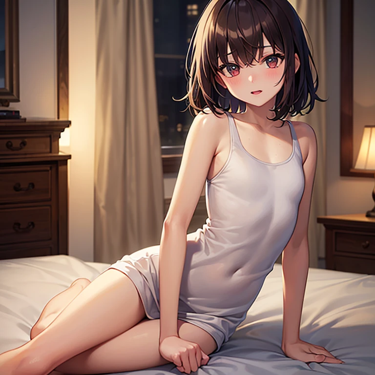 One Woman、((White tank top))、((Small Breasts)),Highest quality、Very delicate and beautiful、((Very short bangs))、((Bangs))、Light shiny brown hair、The hair is light、((Short Bob))、Cute face、Young face、Cute like an idol、Yellow Eyes、Are thin、Slim figure、Short、The background is my living room、
