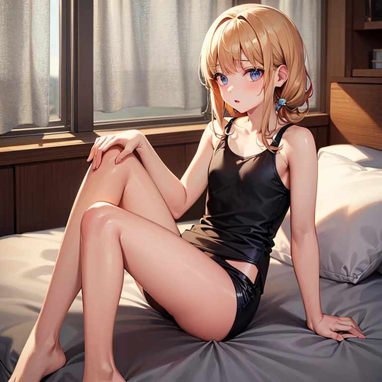 (masterpiece:1.2, best quality), (real picture, intricate details), (1lady, solo), full body:1.5, close-up body, casual, natural fabrics, smile, Top Quality, Masterpiece, Hi-Res, Beautiful Face, photography, High Resolution, 4k, 8k, Asian face, detailed face, detailed eye, exposed shoulder, (((light brown eyes, beige cat ears, medium breast:1.5, beige hair:1.5, beige bikini:1.5, short pixie cut:1.5, naked, no bra, on bed))), (background bedroom:1.5), night time, blushing, sexy pose, spread legs, blushing, nipples, vagina,