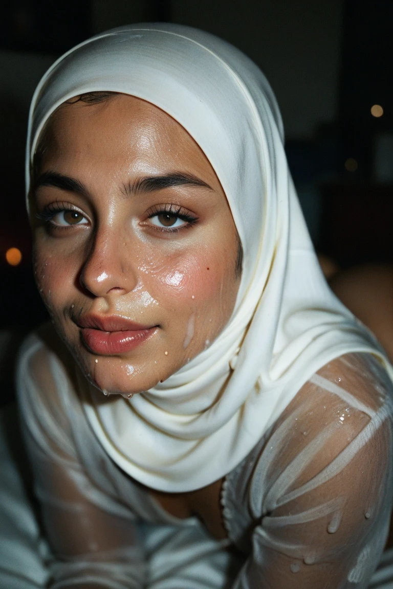 The naked girl who wore a tight hijab on her head stuck out her tongue which was wet with thick  
