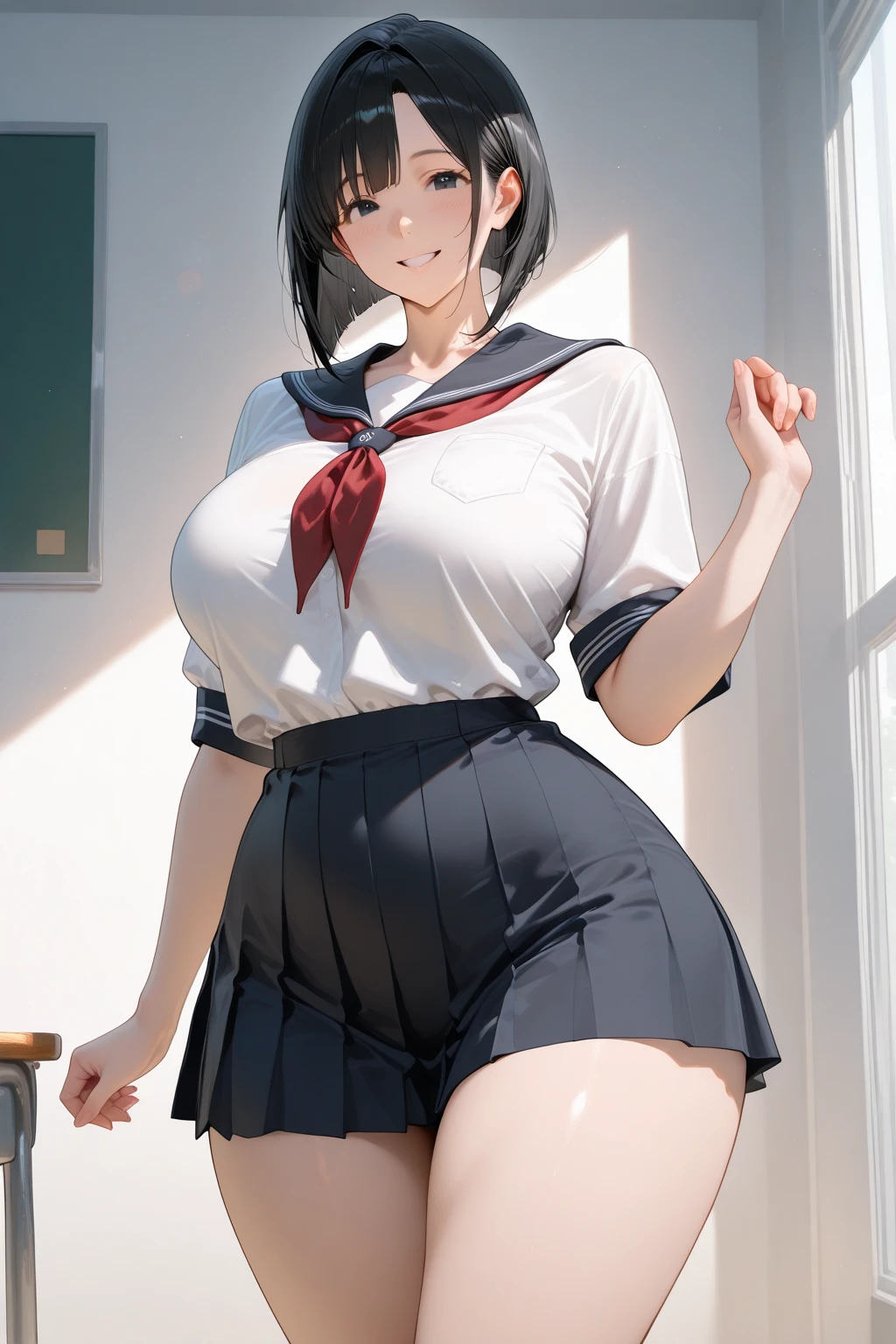 realistic 8k, top-quality, nsfw, 1woman, solo, black hair, navel, (sailor uniform), red tie, (navy blue pleated Skirt), ((white pantie)), ((huge breasts)), (cleavage), lift skirt, pantie shot, blush, from below,