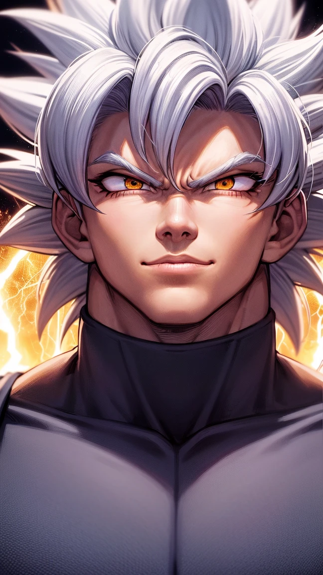 goku dragon ball bodybuilder, beautiful face, serious face, white hair, red eyes, perfect body, fit body, abs, big breasts, muscular,blue and orange armor --auto --s2