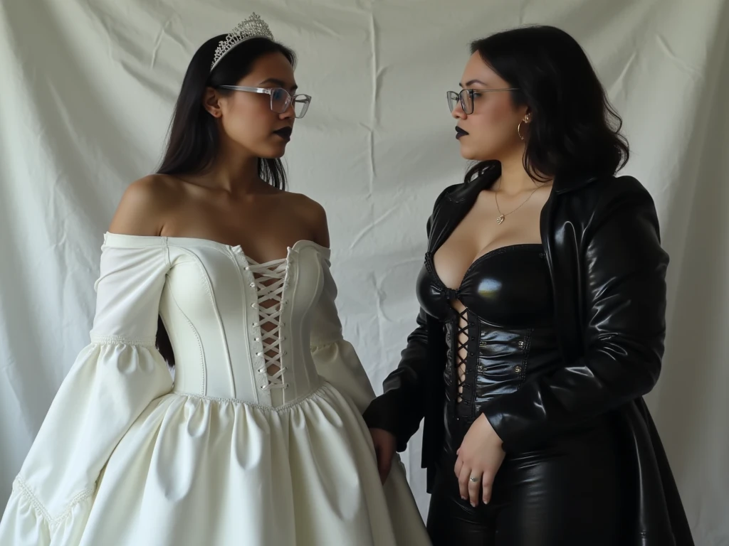 Isabela Merced in a vail in a black leather wedding dress with black gloves getting married to a isabela merced in a white wedding dress, tiara, (big breasts:1.5), sexy stockings, (pumps with high heels), smiling, (kissing:1.2), Real Life, full bodyshot, Ultra Realistic, Photorealism, Photography, 8K UHD, Photo, HDR, Complex and Elegant, Highly Detailed, Sharp Focus, Stunning, Beautiful, Gorgeous), (Masterpiece: 1.2, Best Quality 1:1, Ultra Detail: 1.2, Best Shadows, 8k: 1.1), (beautiful detailed face), high contrast, (perfect lighting: 1.2), (cinematic light)), colorful, hyper-detail, dramatic light, intricate detail, photograph by arny freytag