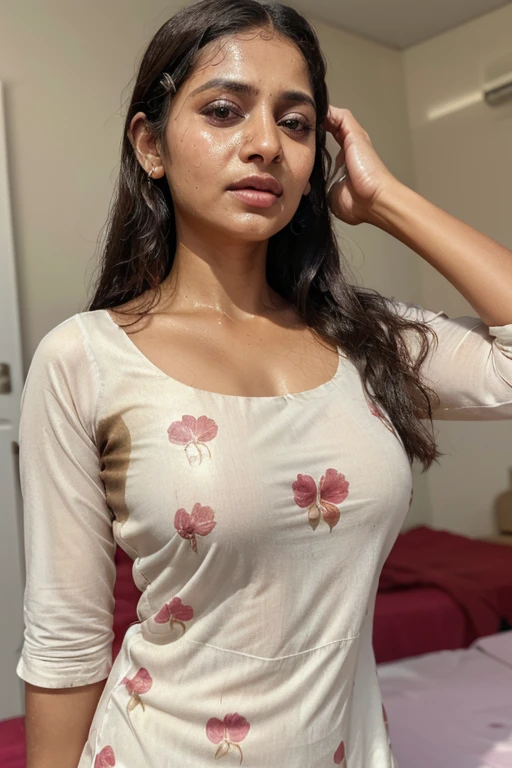 Full body Photo of 22 year old seductive cute indian lady, confident happy look on face, expression of achievement, big smile,wet white silk shirt, RAW, beautiful woman, amzing hair ,brown-green eyes, ((portrait)), (Detailed face: 1.2)), (Detailed facial features)), (Fine skin), indian pale skin, normal lips colour, perfect face, beautiful face, high detail, slim body, (cold color), wet, moist, reflection, (masterpiece) ( Perfect proportions) (realistic photos) (highest quality) (detail) shot with Canon EOS R5, 50mm lens, f/2.8, HDR, (8k) (wallpaper) (movie lighting) (dramatic lighting) (sharp focus) (complex) fashion, full body shot.